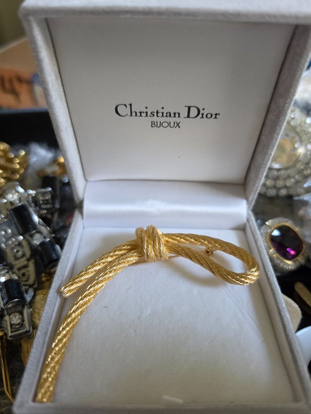 Christian Dior Gold tone Cable/Rope/Knot Brooch with Box 3.75"